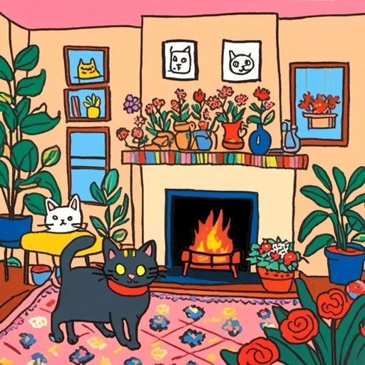 Prompt: <mymodel> a cozy living room fireplace with cats and flowers 