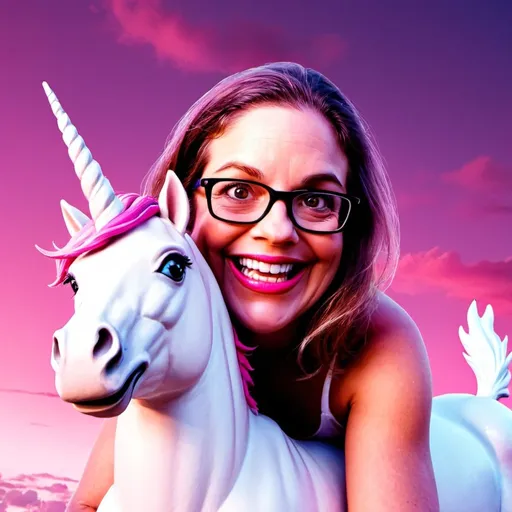 Prompt: a woman smiling and waving riding a flying unicorn in pink sky and magenta