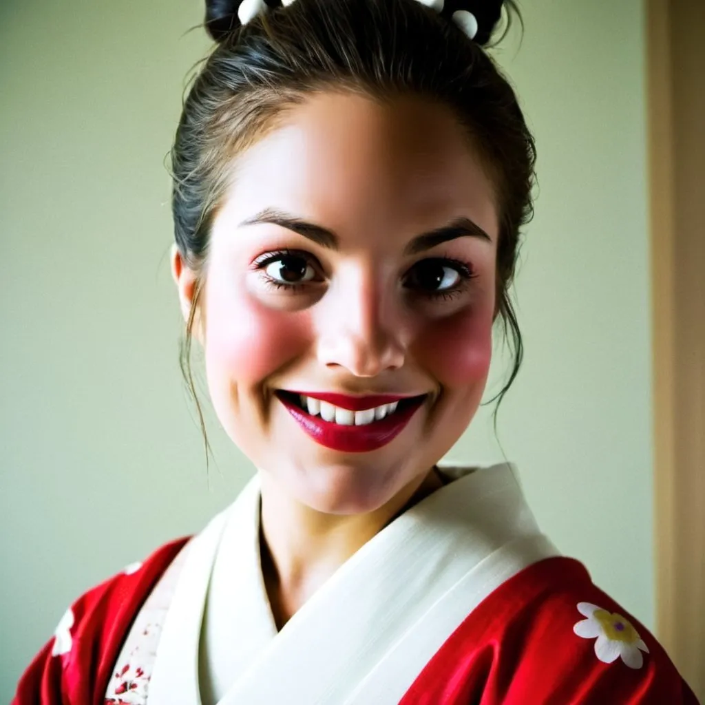 Prompt: A japanese geish girl wearing traditional attire and makeup, hair is in a bun