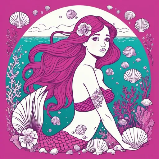 Prompt: A mermaid girl, whimsical, thin line art, flat color illustration, high quality, magenta, ocean background, flowers, shells