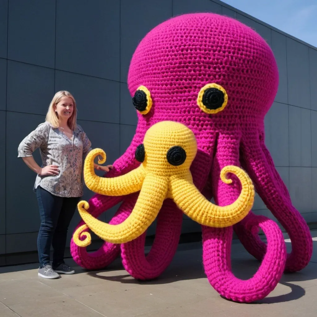 Prompt: giant crocheted octopus, magenta, pink, yellow, next to a standing female dwarf