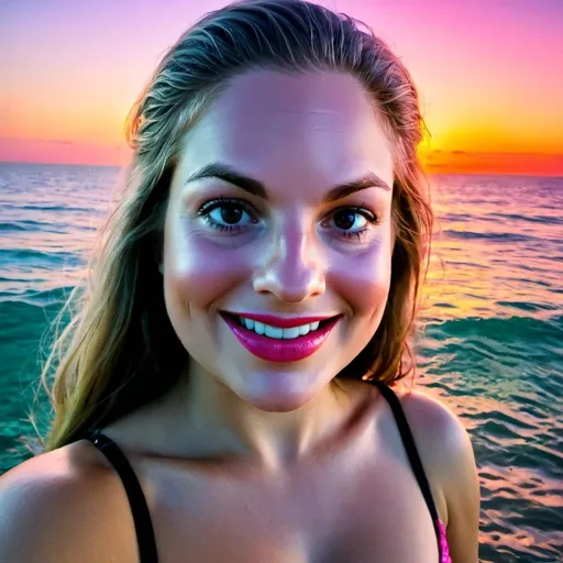 Prompt: mermaid with pink sunset with ocean behind her, vibrant colors