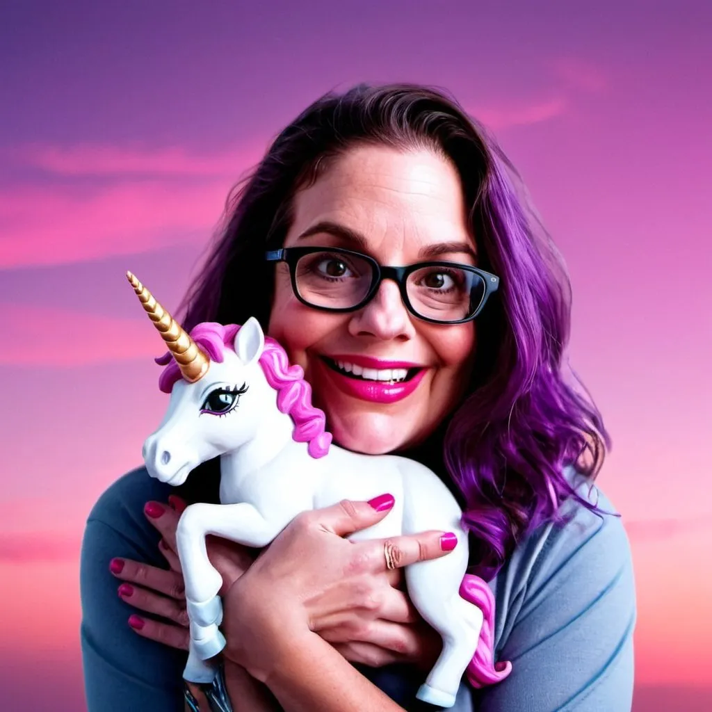 Prompt: a woman hugging a unicorn in pink sky and magenta