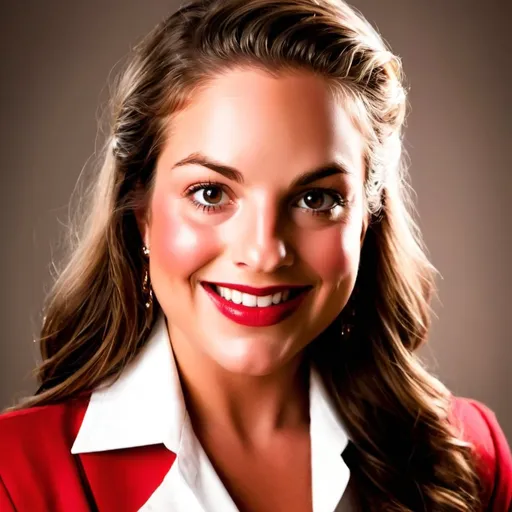 Prompt: beautiful woman with long brown hair wavy, red business attire, professional headshot