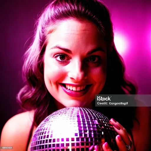 Prompt: seventies, woman at a disco smiling magenta disco ball