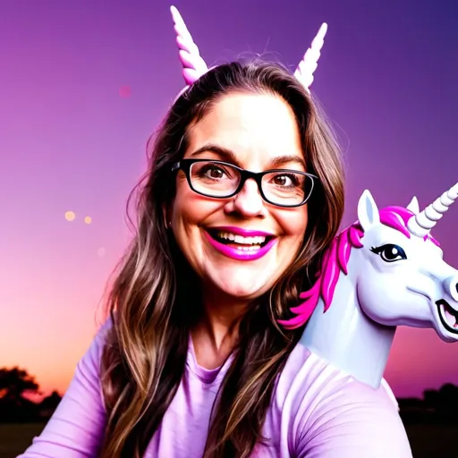 Prompt: a woman smiling and waving riding a flying unicorn in pink sky and magenta