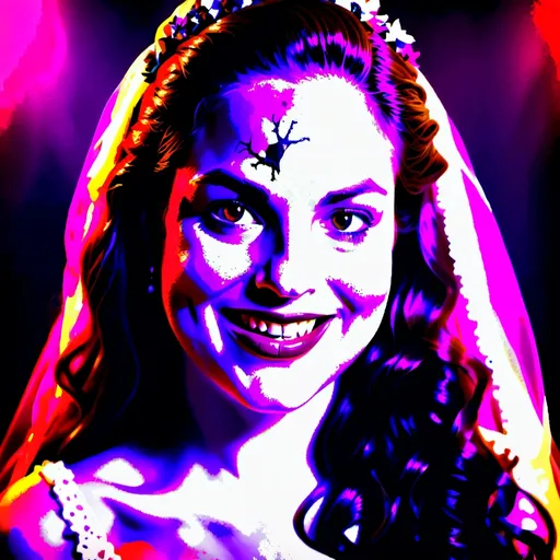 Prompt: beautiful zombie bride, long wavy golden brown hair, photorealistic, black and white portrait, magenta backdrop, detailed facial features, hauntingly beautiful, high quality, natural, black and white, magenta, portrait, long hair, wavy, golden brown, detailed eyes, spooky, elegant, atmospheric lighting