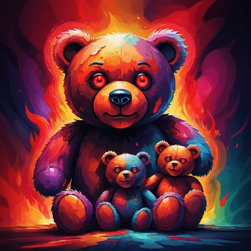 Prompt: Colorful, abstract illustration of a teddy bear with a demonic teddy bear with red fiery eyes behind it, vibrant colors, abstract style, colorful, vibrant colors, abstract style, fiery eyes, dreamlike, artistic, detailed, surreal lighting