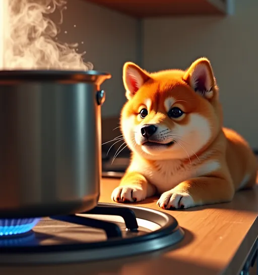 Prompt: an adorable Juvenile Shiba inu is staring at the pot of boiling water on gas cooker,in a kitchen, artist,(realistic),Real photo, sharp focus, a stock photo