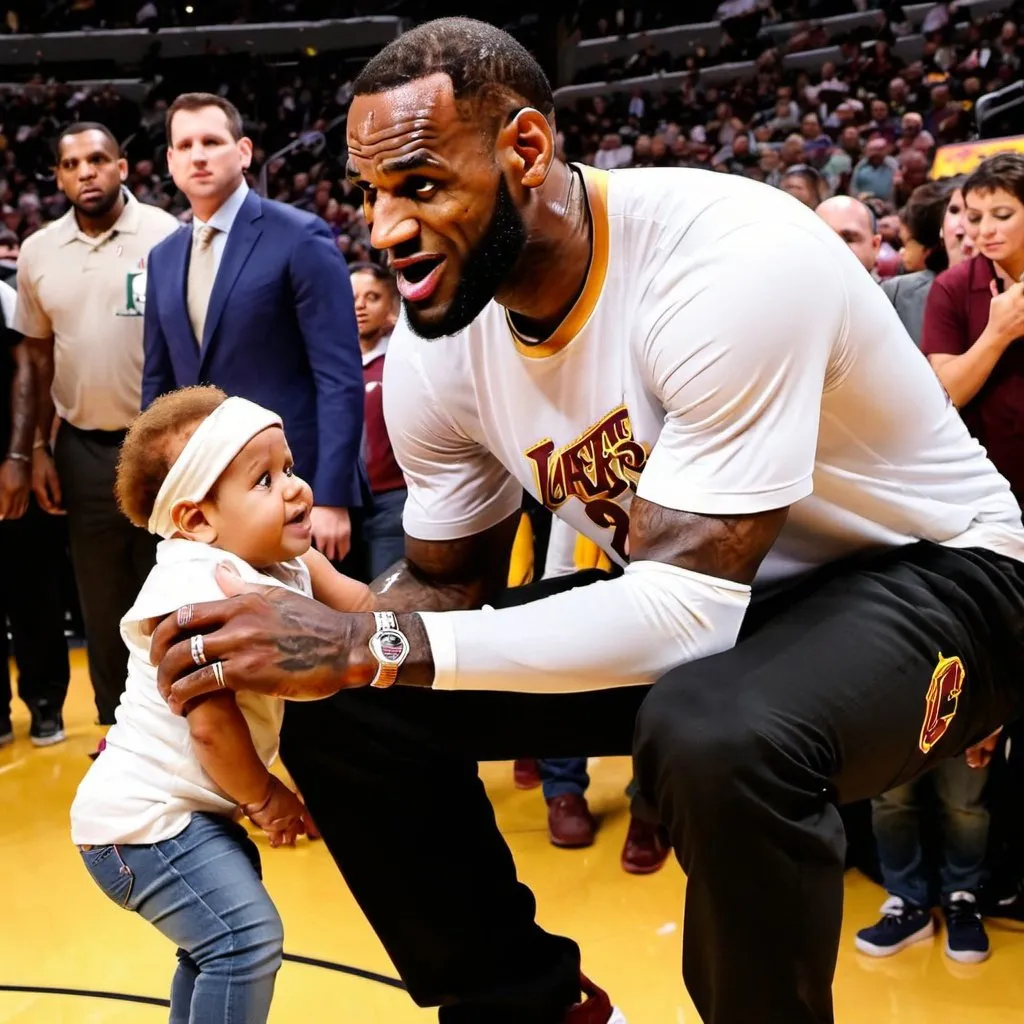 Prompt: Lebron James strangling a toddler