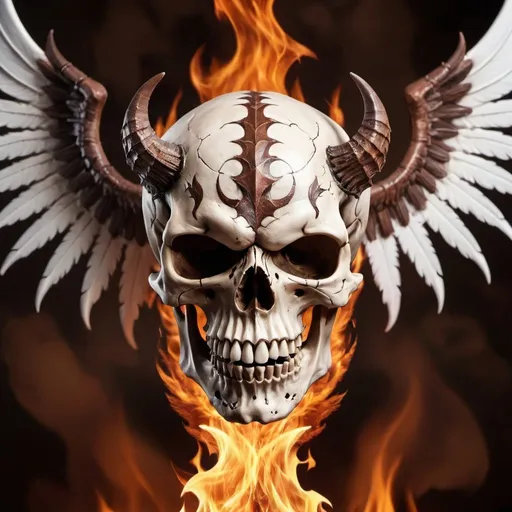 Prompt: Demon skull with brown and white wings, fire in background, 