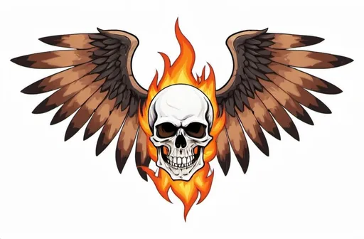 Prompt: skull with brown and white wings, fire, white background, thick black outline



