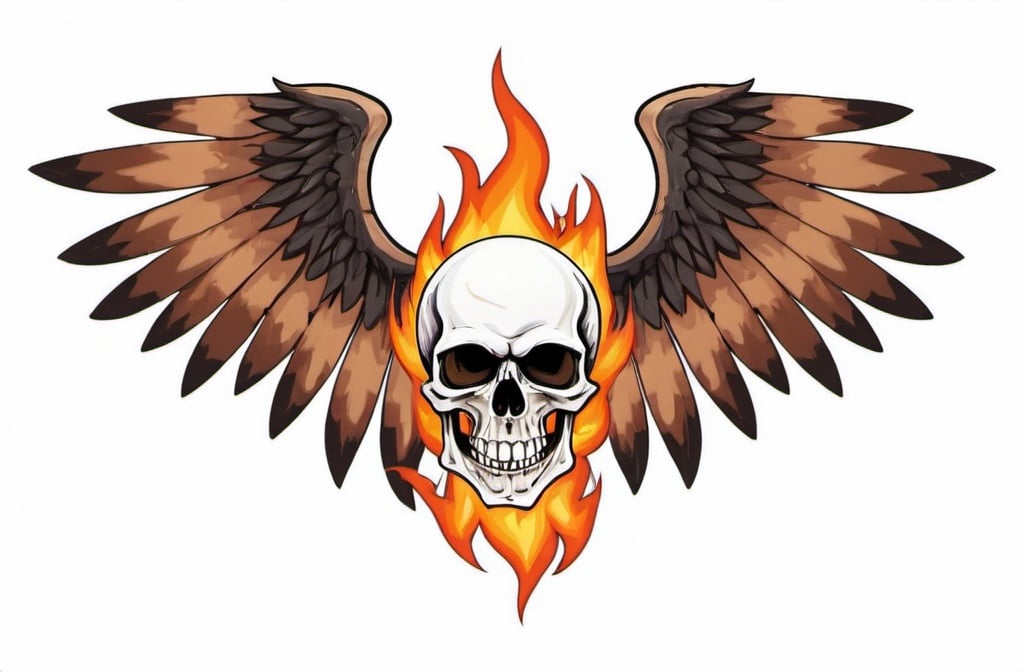 Prompt: skull with brown and white wings, fire, white background, thick black outline



