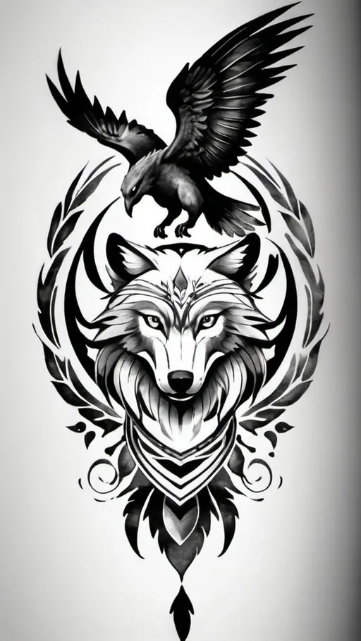 Prompt: Create a tattoo incorporating these four animals (wolf,eagle,Phoenix and hummingbird) for placement on the front side of the thigh