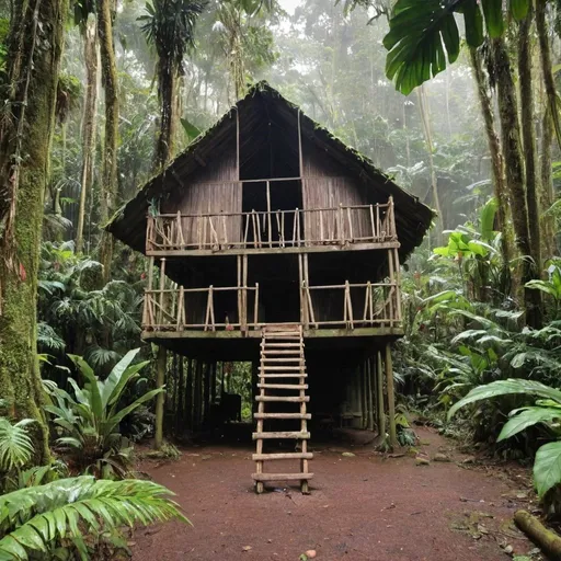Prompt: cabin in the middle of the rainforest, with many pegs