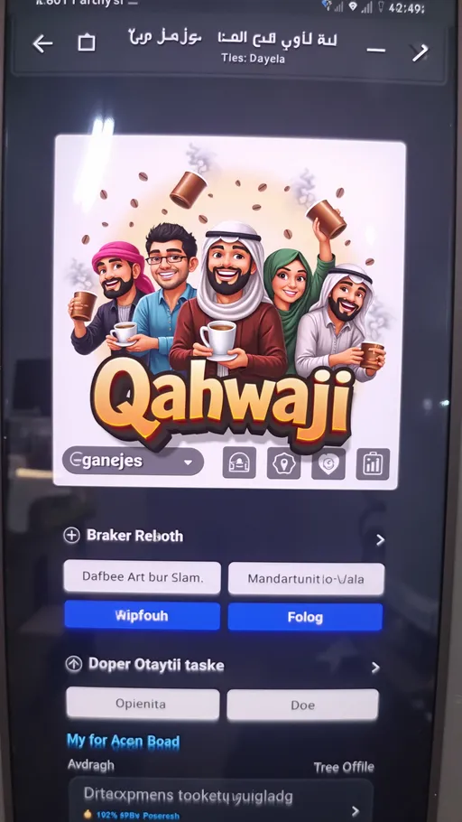 Prompt: A vibrant and cheerful illustration features a group of five characters enjoying coffee together, highlighting a strong sense of camaraderie. Each character has distinct features and clothing styles, suggesting cultural backgrounds; some are wearing traditional attire, like a white keffiyeh and a black abaya, while others sport modern casual outfits. They are joyfully holding cups of coffee, with steam rising and scattered coffee beans adding to the lively scene. The bright color palette enhances the overall warmth and friendliness of the image, effectively capturing the essence of social gatherings centered around coffee culture, marked by the animated text "Qahwaji" prominently displayed at the bottom. The playful expressions and relaxed posture of the characters convey a lighthearted, inviting atmosphere, perfect for sharing moments with friends.