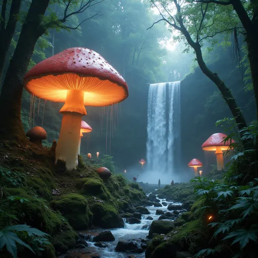 Prompt: A dense rainforest with gigantic glowing mushrooms, sparkling waterfalls, and magical creatures.