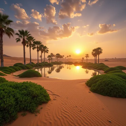 Prompt:  A golden sand desert with a lush green oasis, palm trees, and a beautiful sunset reflecting in the water.