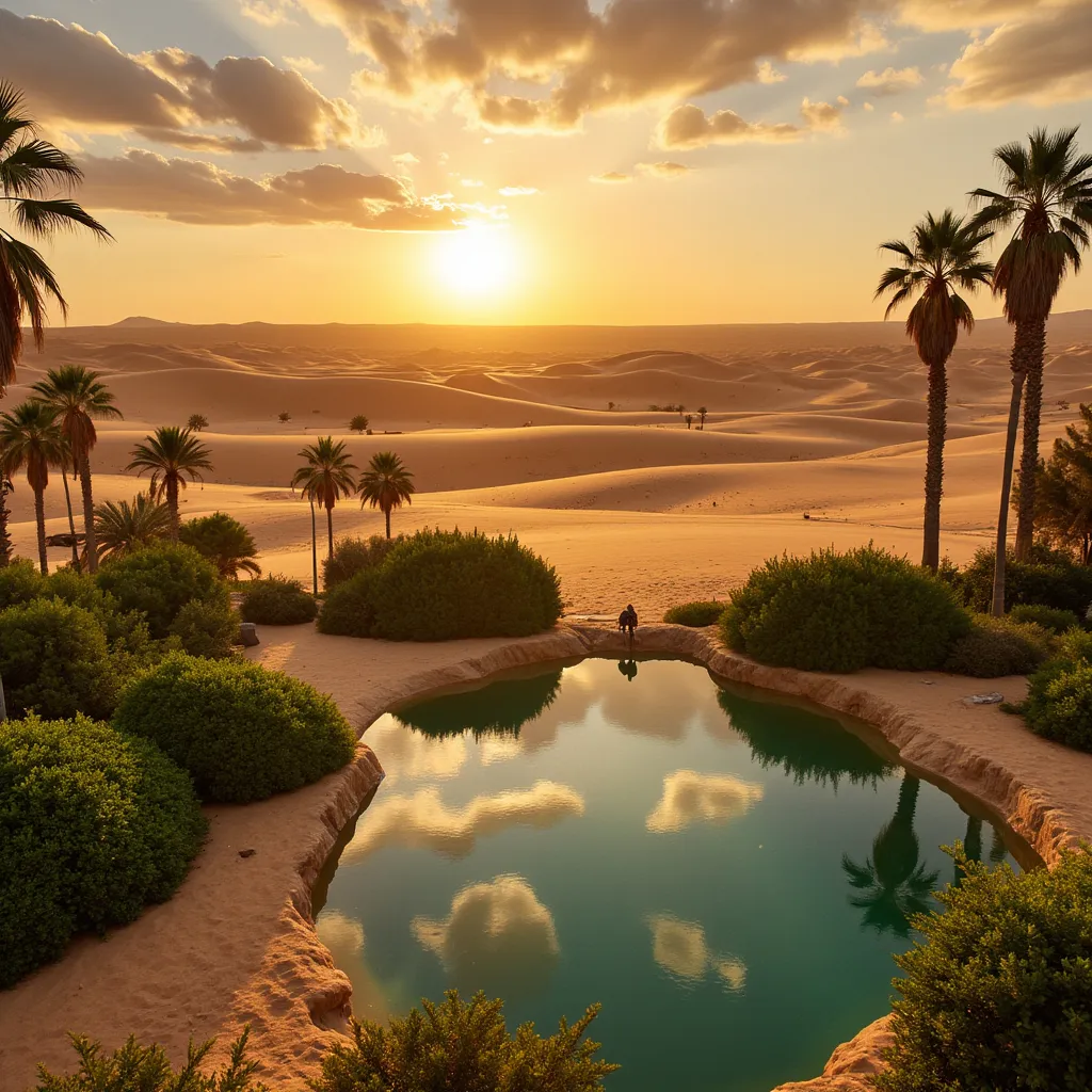 Prompt:  A golden sand desert with a lush green oasis, palm trees, and a beautiful sunset reflecting in the water.