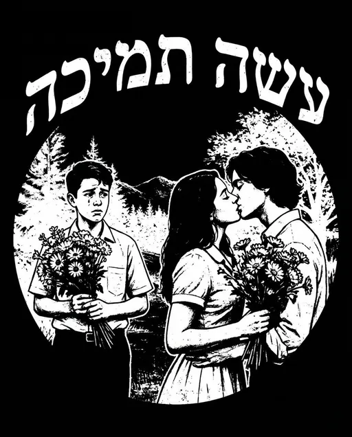 Prompt: על רקע שחור גרפיקה לבנה.
אני רוצה לראות גרפיקה באותו עיצוב בדיוק רק במקום אני רוצה לראות ילד שהגיע עם זר פרחים אבל הוא מגלה שמולו הילדה שהוא רצה בדיוק מתנשקת עם מישהו אחר שהביא לה פרחים
הטקסט הראשי הוא בעברית במקום-
אותו פונט בדיוק !
שיהיה כתוב
עשה תמכה