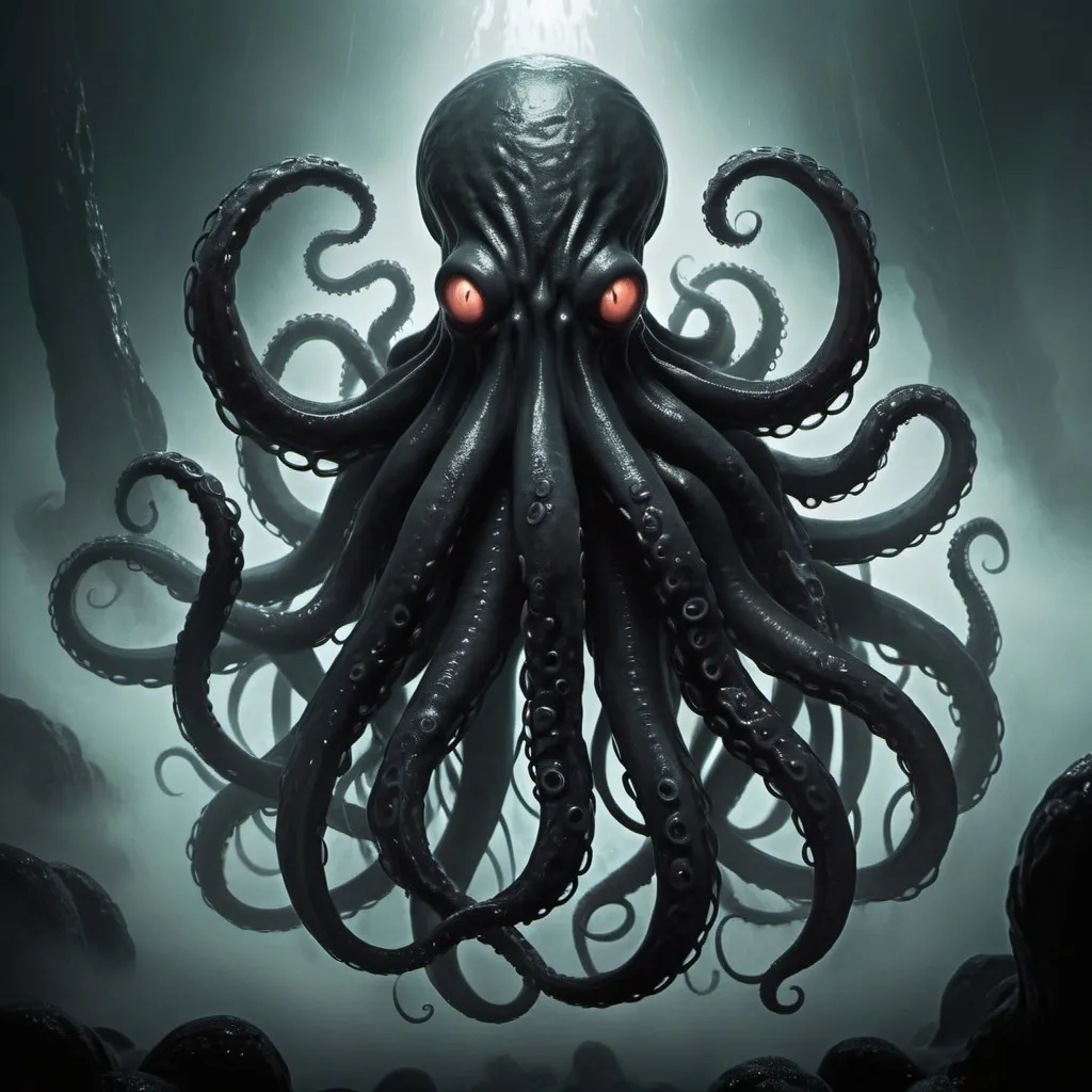 Prompt: mist shrouded thick, horrific, fleshy black tentacles from a Lovecraft dream that are reaching up from the darkness below