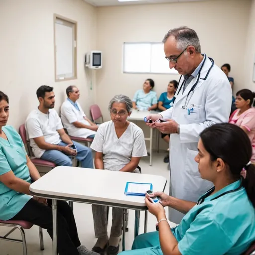 Prompt: Patients sitting infront of doctor checking blood glucose on the table and some more patients waiting in q 