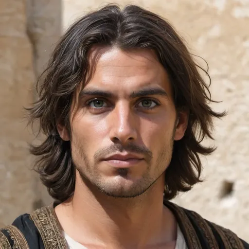 Prompt: un très bel homme aux cheveux bruns mi-longs, aux yeux noirs, habillé à la mode médiévale, avec un air ténébreux