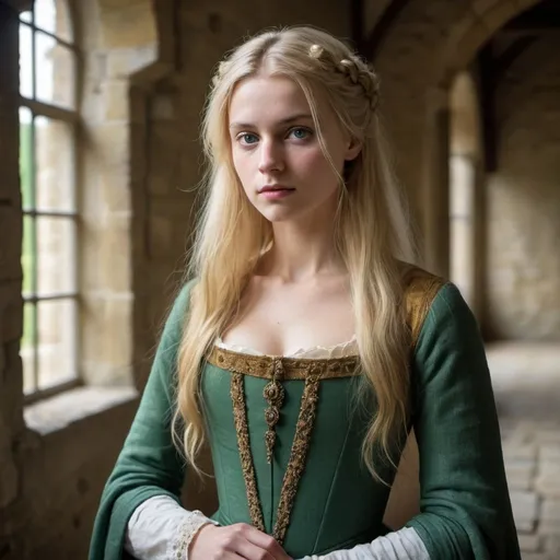 Prompt: une femme avec de longs cheveux blonds, aux yeux verts, habillée d'une robe médiévale, à l'époque médiévale, dans les couleurs d'un beau château
