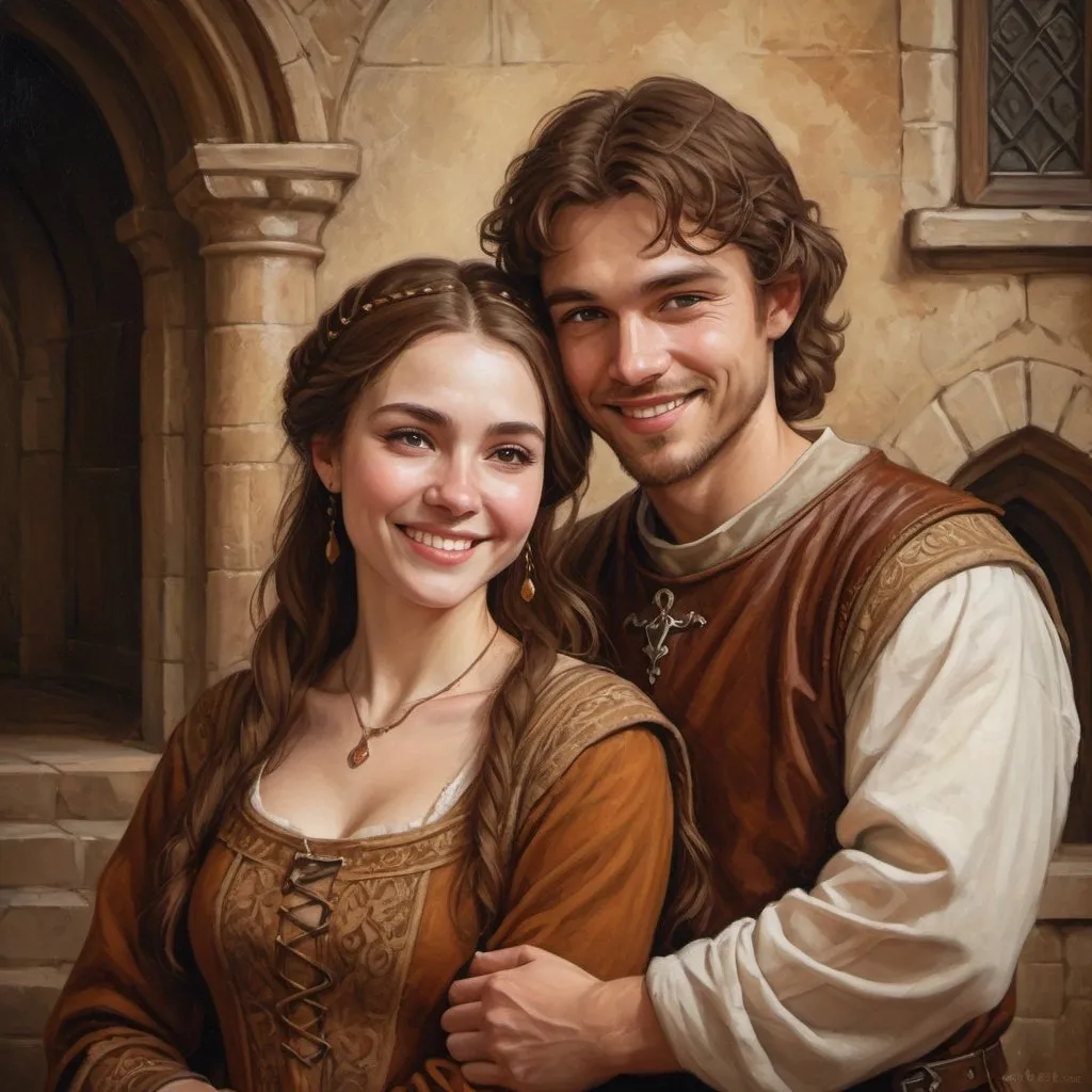 Prompt: Medieval-style portrait of a loving couple, warm and earthy color palette, detailed brown hair, intricate medieval attire, genuine smiles, high-resolution, oil painting, romantic, medieval, warm tones, detailed clothing, loving gaze, historic, professional lighting