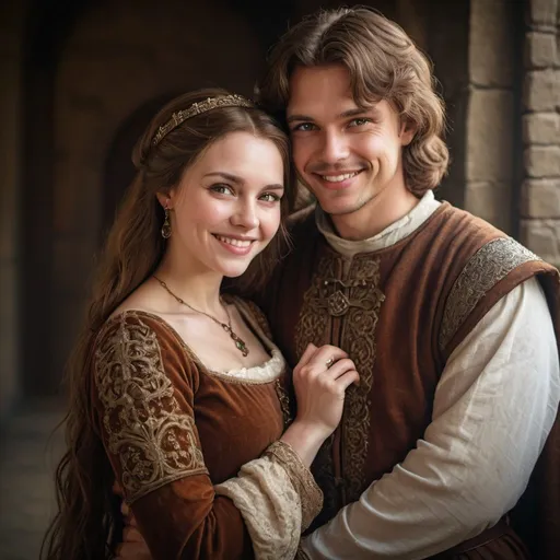 Prompt: Medieval-style portrait of a loving couple, detailed brown hair, intricate medieval attire, genuine smiles, romantic, medieval, detailed clothing, loving gaze, historic, professional lighting