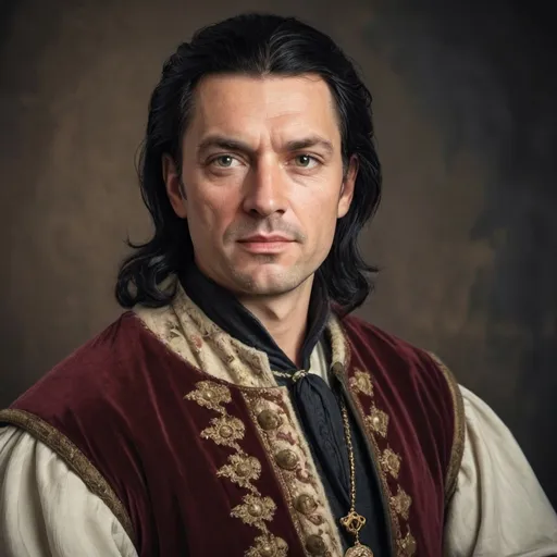 Prompt: a portrait of a rich man, black hair, not really beautiful, middle age, medieval time, medieval clothes