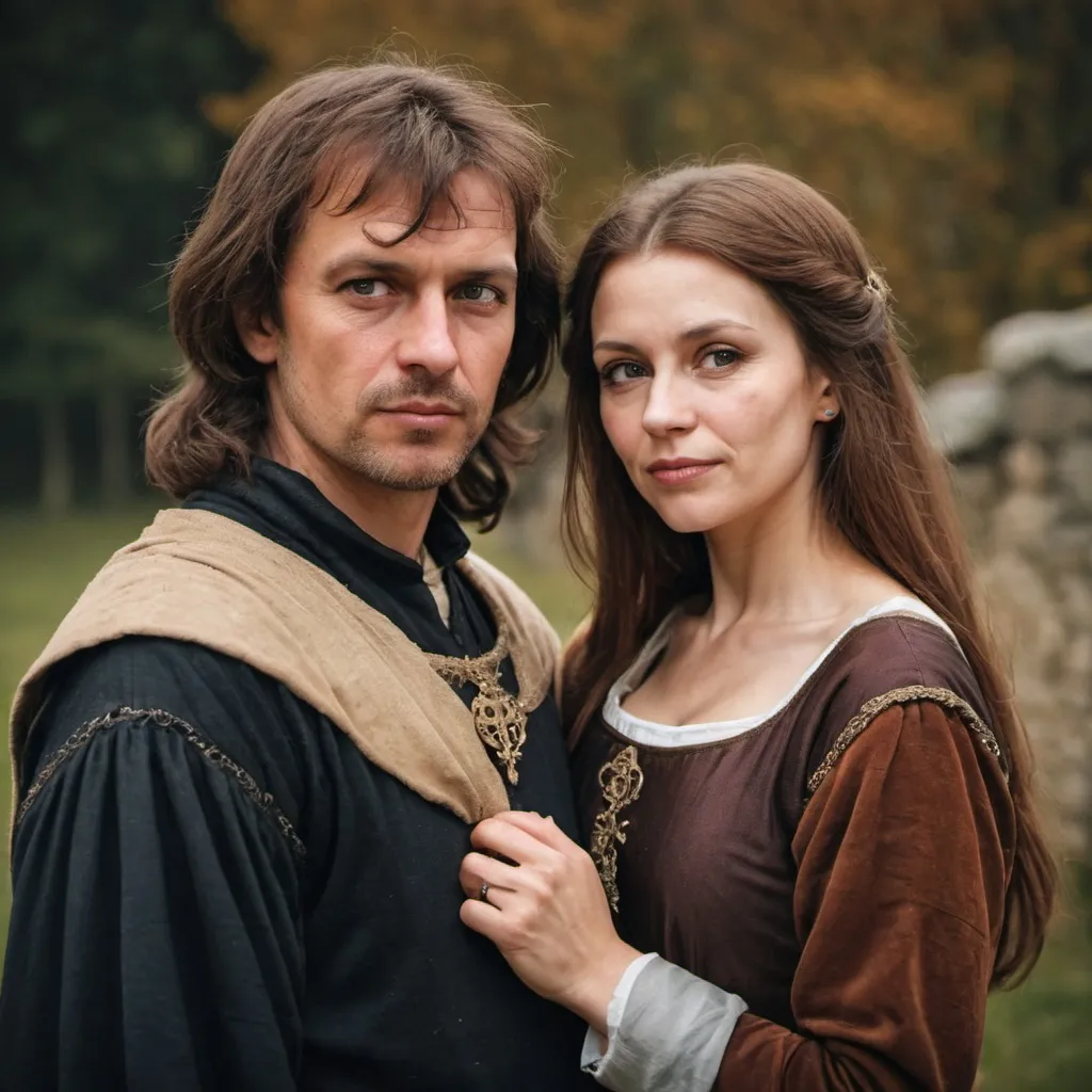 Prompt: a portrait of a couple, brown hair woman and back hair man, middle age, medieval time, medieval clothes