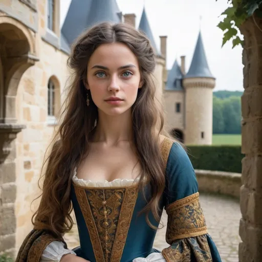 Prompt: une belle femme avec de longs cheveux bruns ondulés, aux yeux dorés, habillée d'une robe médiévale, à l'époque médiévale, dans les couleurs d'un beau château