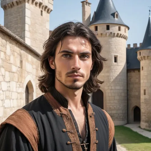 Prompt: un très bel homme aux cheveux bruns mi-longs, aux yeux noirs, habillé à la mode médiévale, avec un air ténébreux, devant un beau château médiéval