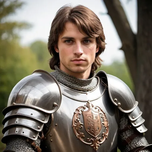 Prompt: a beautiful knight, around 30 years old, brown hair, black eyes, medieval times, armor 