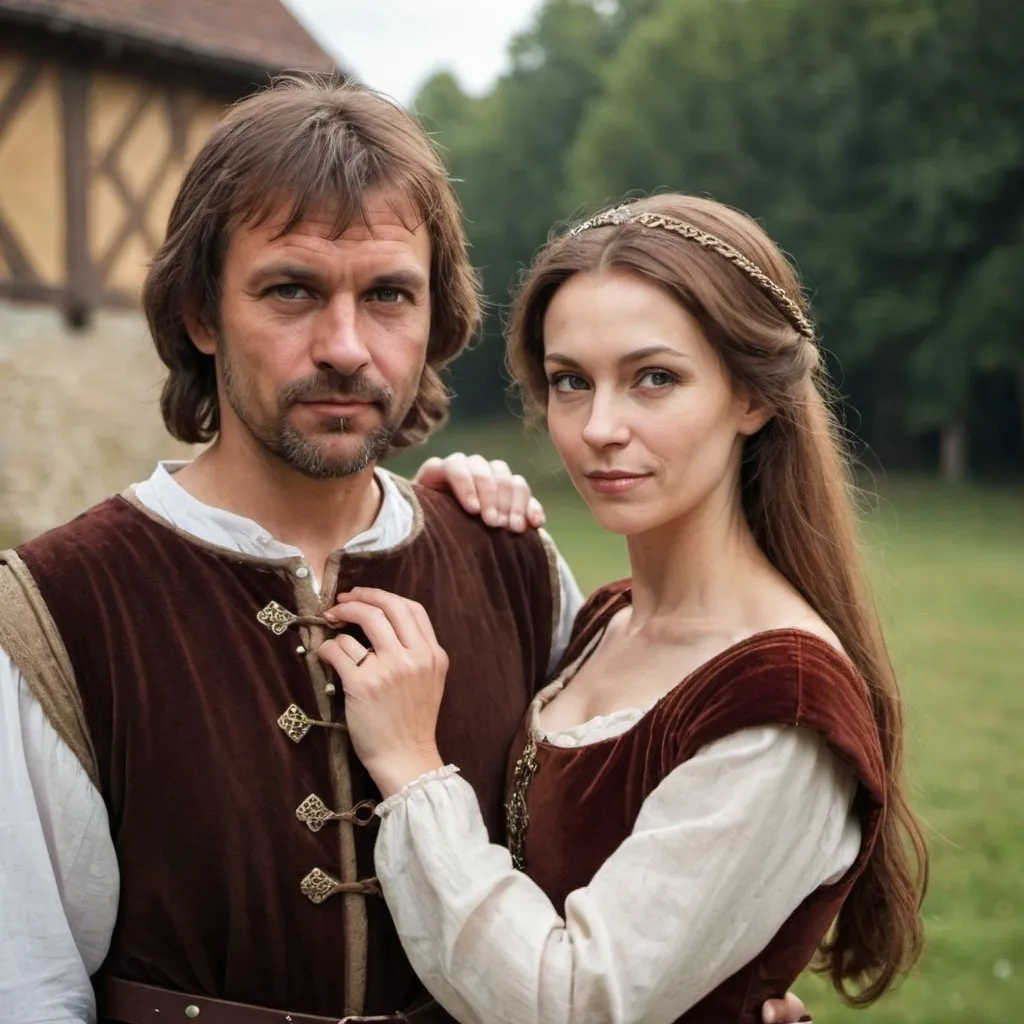 Prompt: a portrait of a couple, brown hair woman and back hair man, middle age, medieval time, medieval clothes