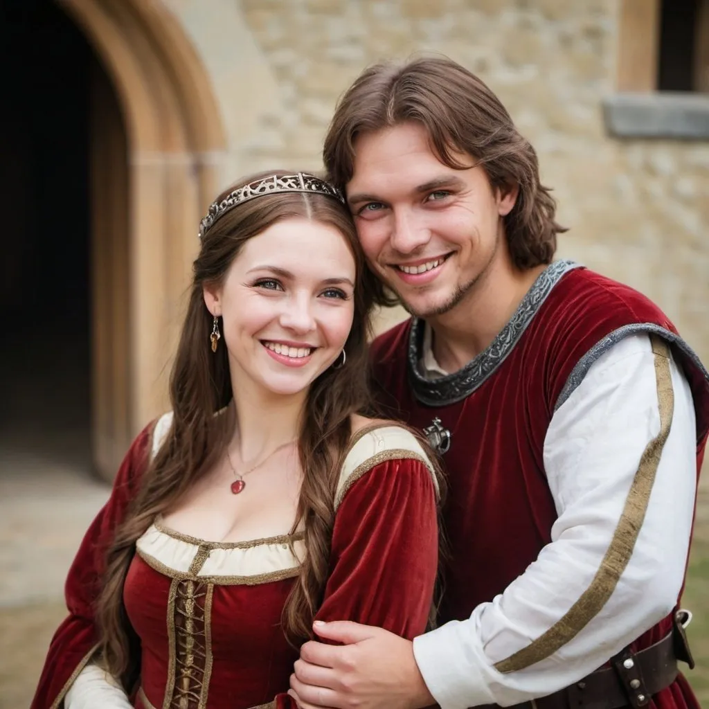 Prompt: a portait of couple in love, brown hair, medieval times, medieval clothes, smiling
