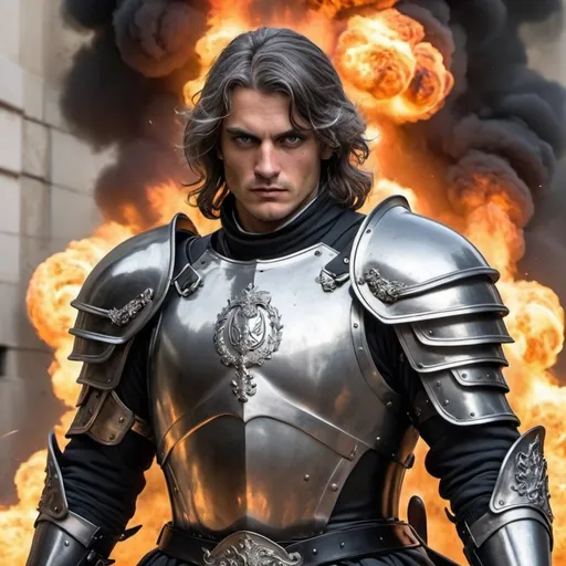 Prompt: un beau chevalier en armure grise, image réaliste, au moyen-âge, aux cheveux noirs et yeux noirs, avec des flammes et des explosions derrière lui