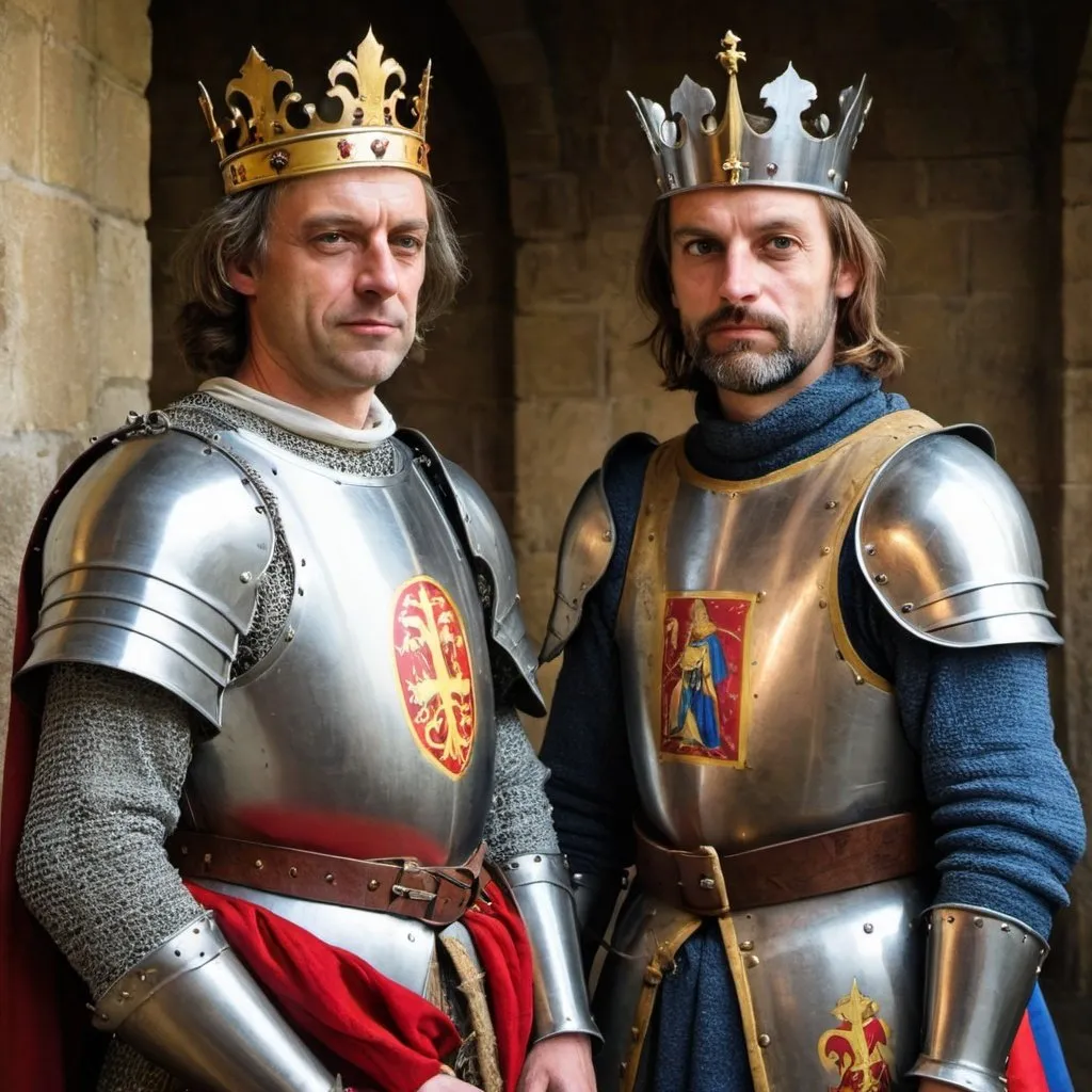 Prompt: a portrait of a french king and a knight, both middle age, medieval times