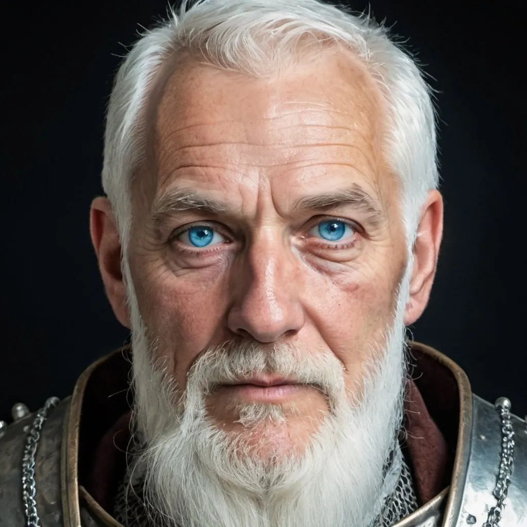 Prompt: a portrait of an old knight, white hair, white beard, medieval time, blue eyes