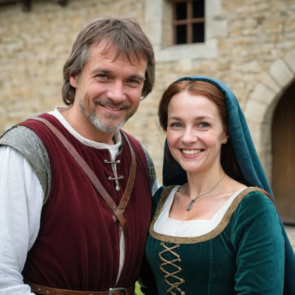 Prompt: a couple, woman and man, middle age, medieval time, medieval clothes, smiling