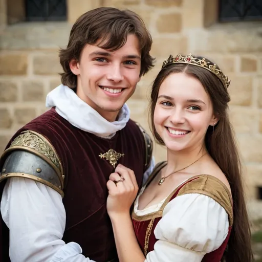 Prompt: a portait of young couple in love, brown hair, medieval times, medieval clothes, smiling