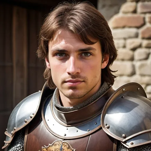 Prompt: a beautiful knight, around 30 years old, brown hair, black eyes, medieval times, armor 