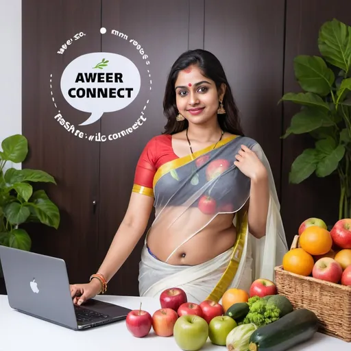 Prompt: a beautiful woman in a thin white transparent saree posing for a picture with her stomach visible from the side of her saree and arms clearly visible. There is a banner which  has  ' AWEER CONNECT' painted on it. The woman's  saree is half open.There is an apple laptop in this picture . There is fresh fruits and vegetables in a box which has 'AWEER CONNECT' printed on the side of the box. The office room is furnished like a luxury real estate office and has lots of fresh fruits and vegetables lying around.  put lots of fresh fruits and vegetables in this picture and the text 'AWEER CONNECT' must be in this picture.