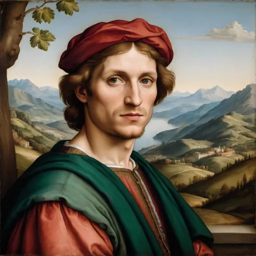 Prompt: A painted portrait of a man in the style of Italian Renaissance painter Raphael with mountains in the background.