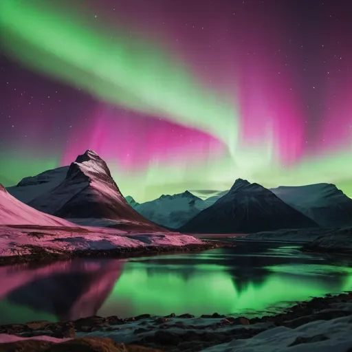 Prompt: Pink and Green northern lights over mountains at night