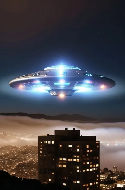 Prompt: ultra realistic detailed metallic ufo with tinted windows with and partially concealed in fog hoovering over the city of san francisco city at night with lights dim,high_resolution,8k resolution,Extremely Realistic,low lights,BugCraft,bridges,more detail XL,high definition,