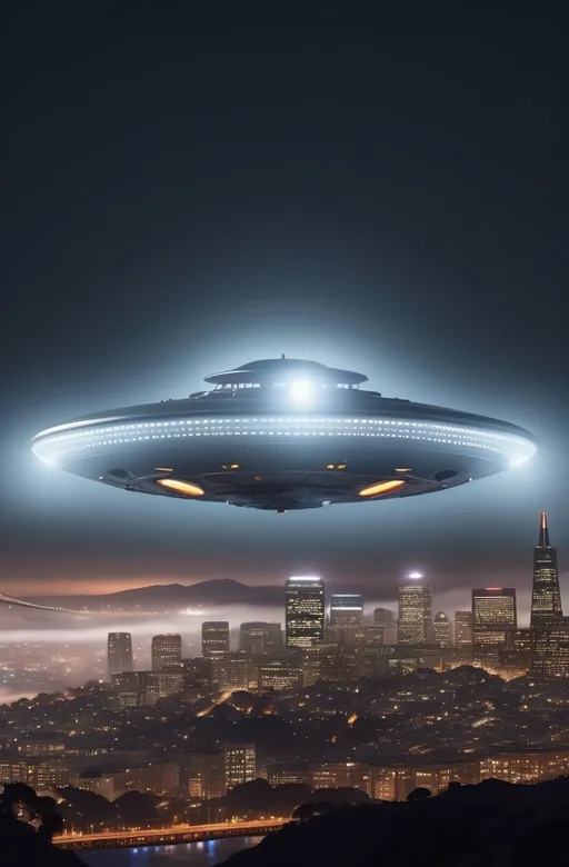 Prompt: ultra realistic detailed metallic ufo with tinted windows with and partially concealed in fog hoovering over the city of san francisco city at night with lights dim,high_resolution,8k resolution,Extremely Realistic,low lights,BugCraft,bridges,more detail XL,high definition,