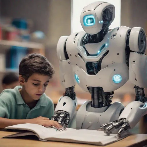 Prompt: nIÑO ESTUDIANDO MIENTRAS UN ROBOT DE TECNOLOGÍA SUPER AVANZADA DA CLASES DE LITERATURA EN UN MUNDO FUTURISTA
