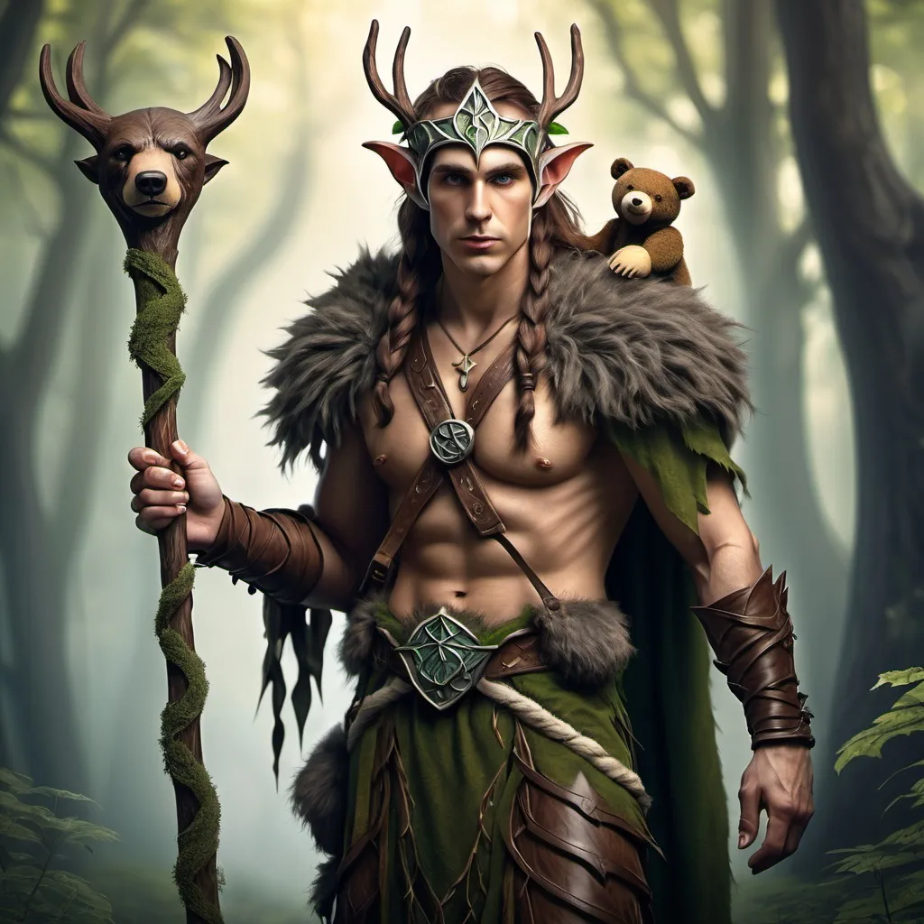 Prompt: fantasy male wood elf druid with bear skin helm holding a staff with both hands and nature background